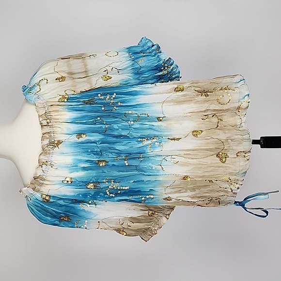 Nygard Blouse Off Shoulder Blue Tan White Gold Sequins Off Shoulder Peasant Sz L - Picture 4 of 13